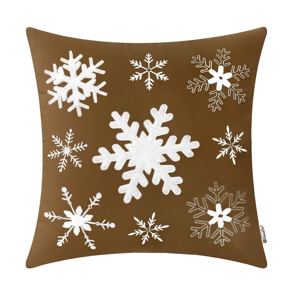 6774 Christmas Pillow Cover 18 X 18 Inches, Brown Snowflake Embroidered